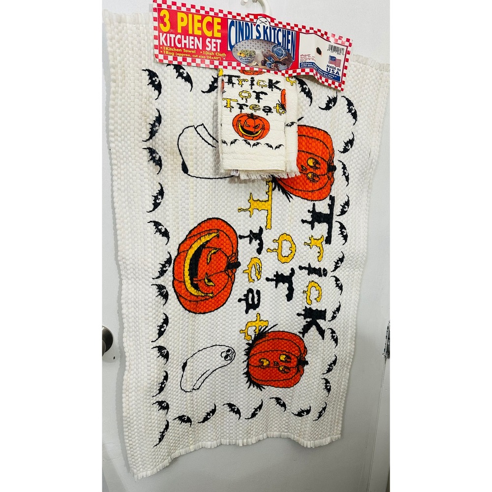 Vintage Halloween Kitchen Set NWT 80s Cindis Kitchen Rug Towel Dishcloth Kitsch